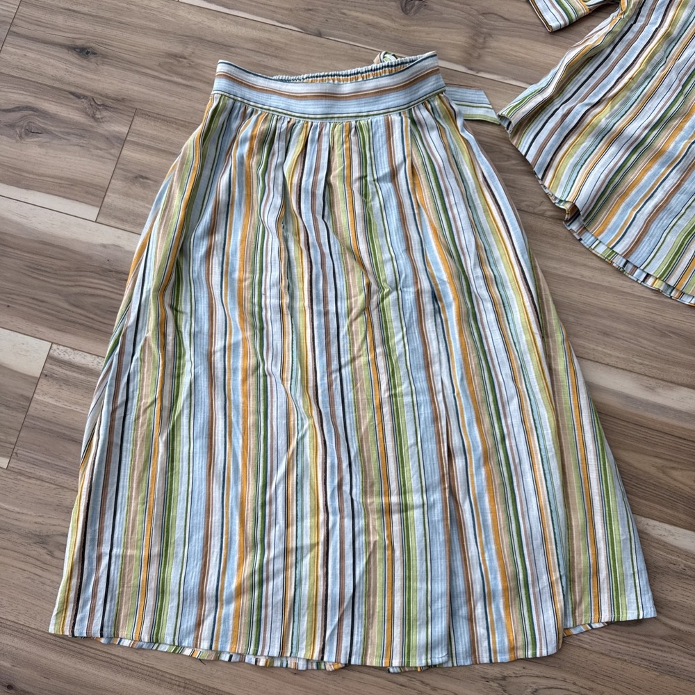 Lauren Conrad pastel rainbow stripe Faux wrap tie midi skirt And Shirt NWT - Picture 2 of 10